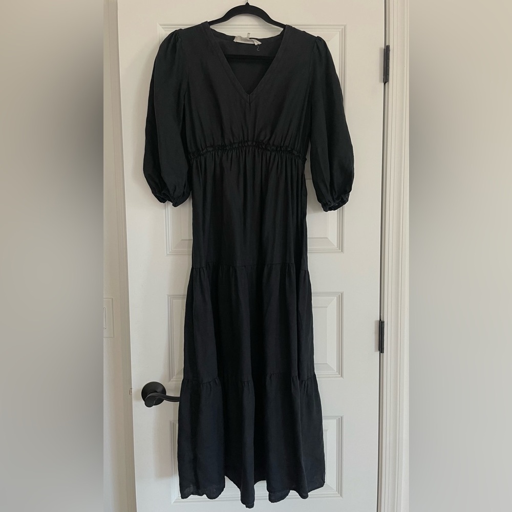 Trina Turk Black 100% Linen Puff Sleeve Tiered Midi Dress